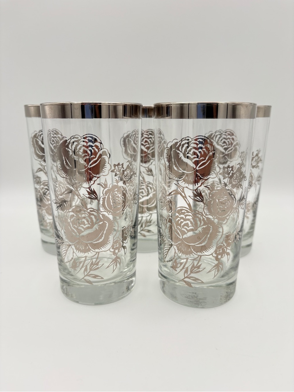 Elegant Silver Rimmed Floral Highball Glasses Set of Five